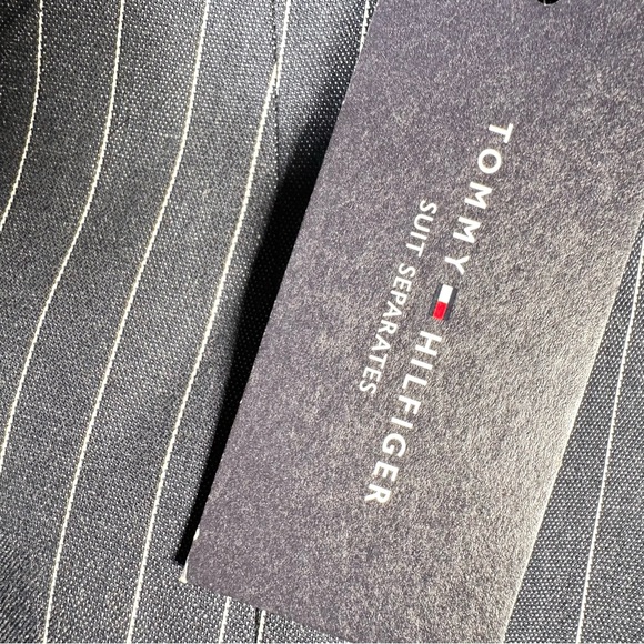 Tommy Hilfiger Navy Pinstripe Elbow Pad Blazer Size 14 Mock Collar Blue Jacket - Picture 11 of 14